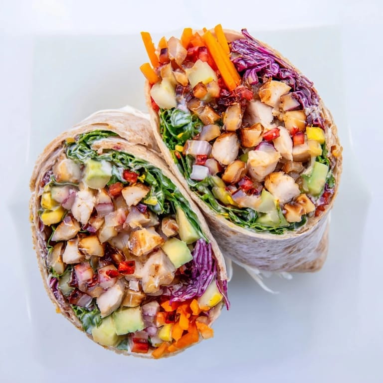 Vibrant Poppy-Inspired Chicken Salad Wraps showcase a visually appealing wrap brimming with fresh, flavorful textures.