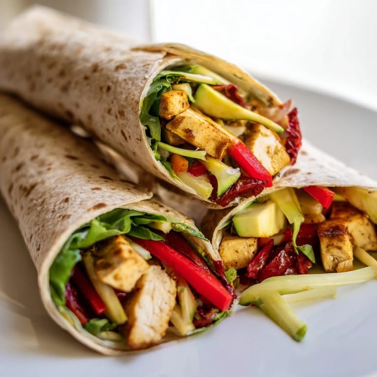Close-up of a Poppy-Inspired Chicken Salad Wrap revealing juicy chicken and crisp vegetables, ready to eat.