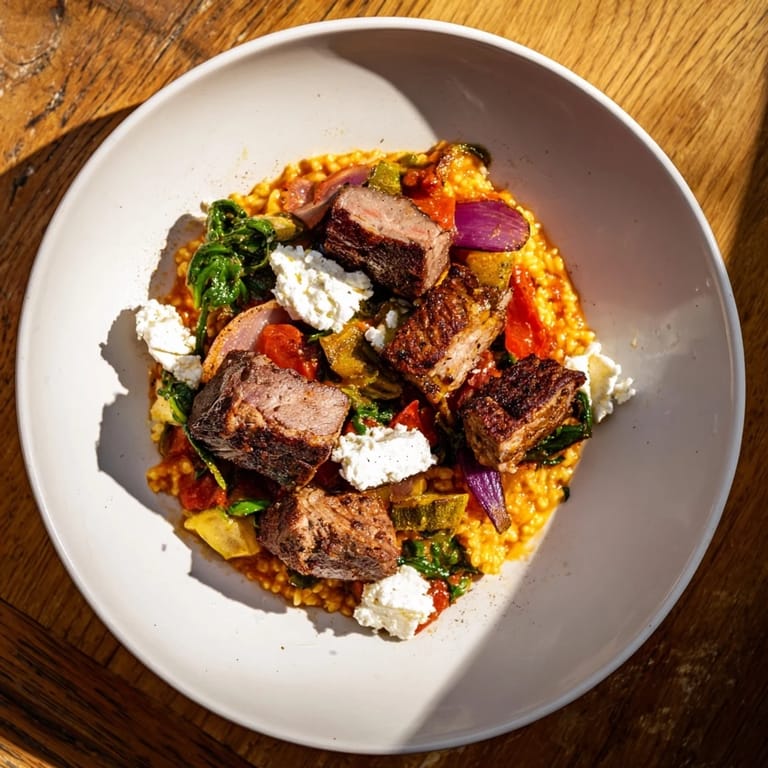One-pot Smoky Mediterranean Lamb and Orzo Supper, featuring tender lamb and vibrant vegetables for a healthy dinner.