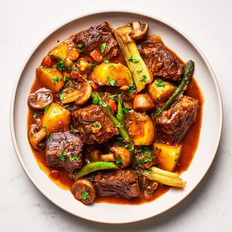 This delightful image shows hearty earthy beef stew served generously with golden, crusty homemade bread.