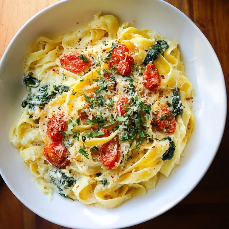 A steaming bowl of One-Pot Creamy Tuscan Garlic Herb Pasta, showcasing sun-dried tomatoes and spinach.