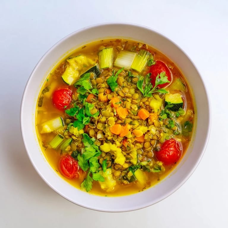 Close-up of Simple Homemade Grain and Vegetable Soup, showcasing tender vegetables and flavorful broth.