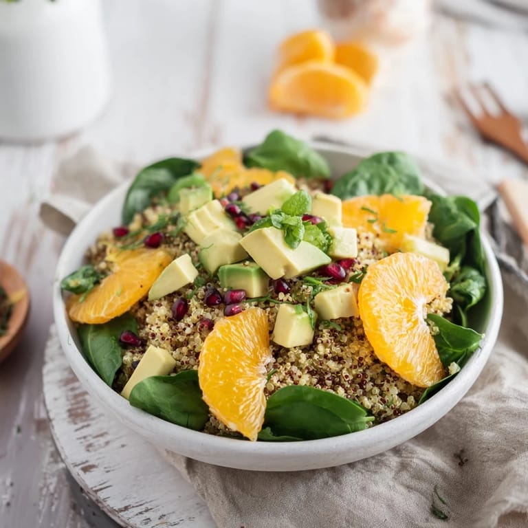 Enjoy a healthy serving of fresh Citrus & Avocado Quinoa Bowl drizzled with a light lemon dressing.