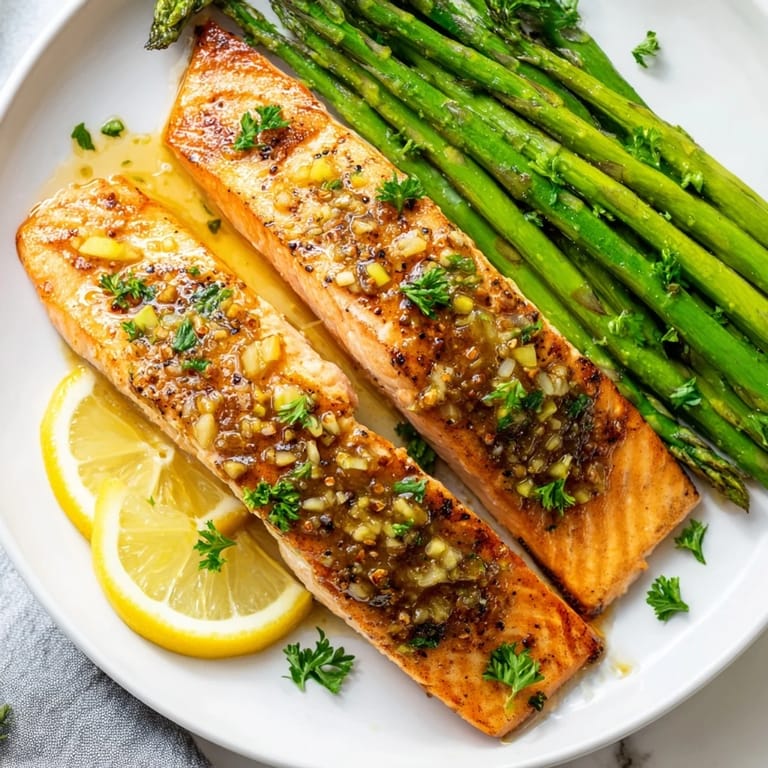 A close-up of buttery Skillet Lemon-Butter Salmon, garnished with fresh parsley and lemon slices.
