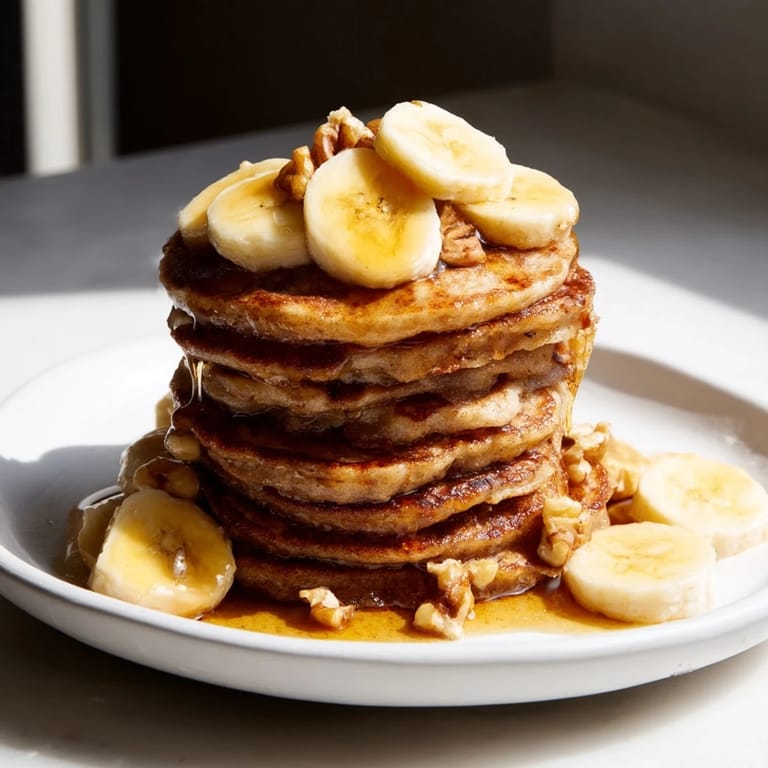 Delicious golden-brown Weekend-Brunch Banana Pancakes with sliced bananas and a warm maple syrup drizzle.