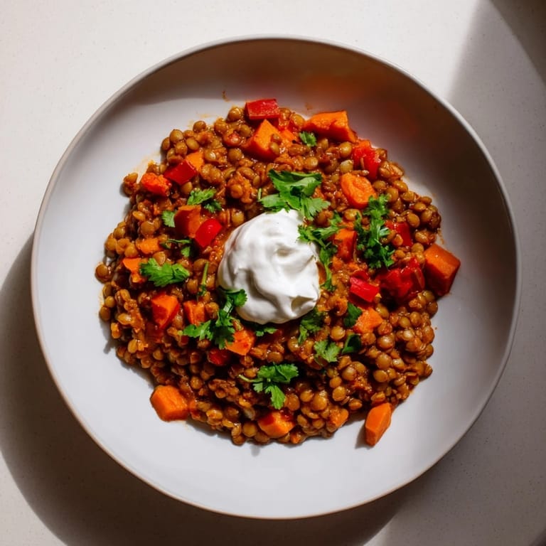 Hearty Wheat-Warm Hearty Lentil Curry with tender lentils and wheat berries, ready to serve with yogurt.