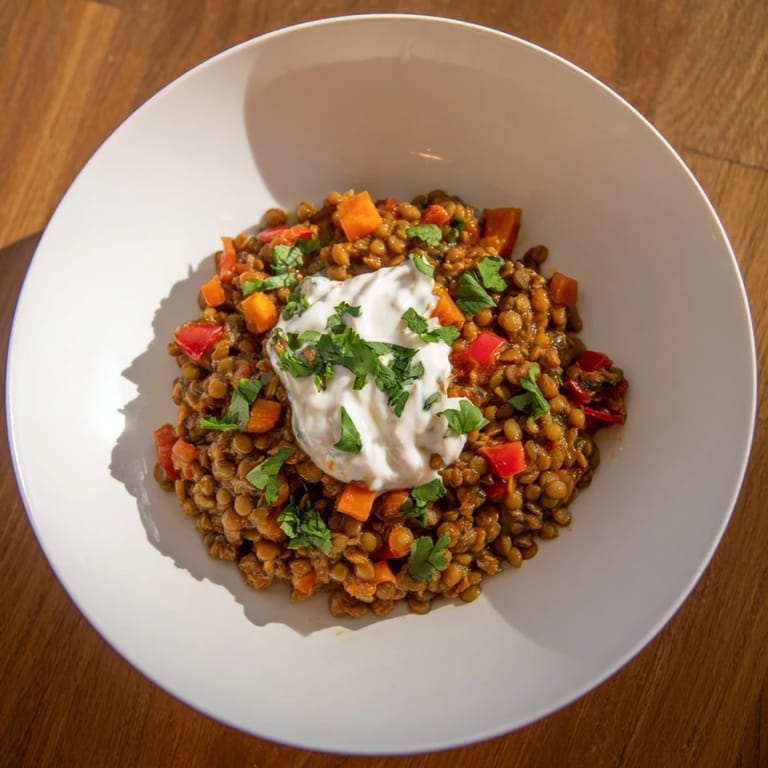 Close-up of a rich, rustic Wheat-Warm Hearty Lentil Curry, perfect for a cozy, comforting dinner.