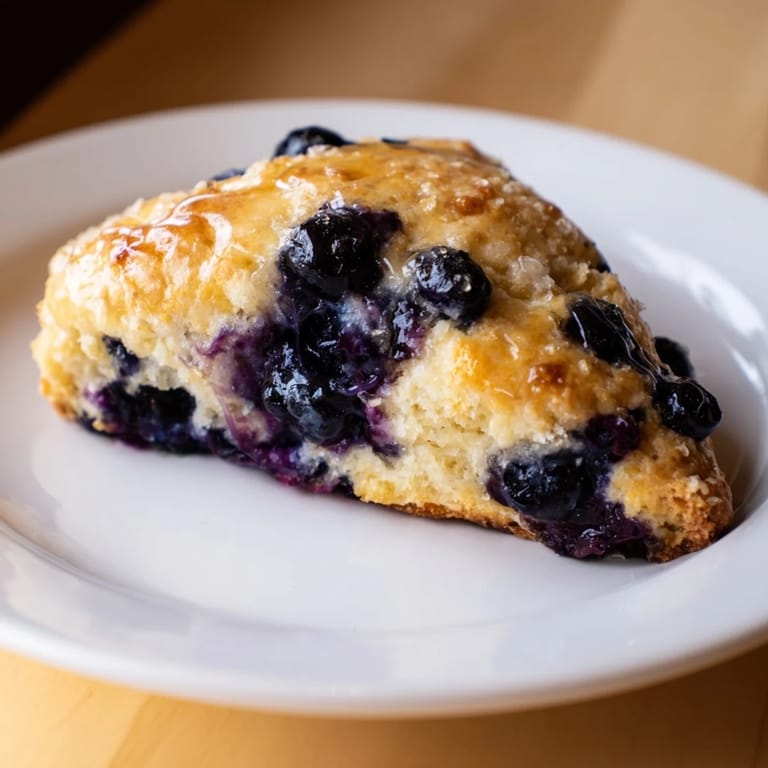 A close-up of flaky Rustic Birch-Warm Blueberry Scones, studded with bursting blueberries, perfect for breakfast.