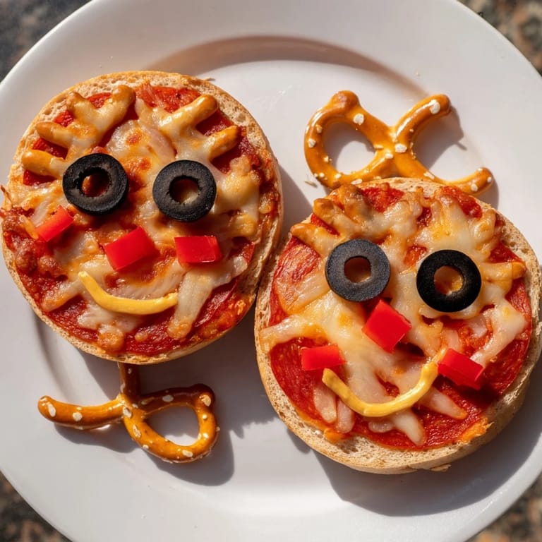 Festive Reindeer Face Pizza Bagels feature melted mozzarella, red noses, and pretzel antlers, perfect for kids.