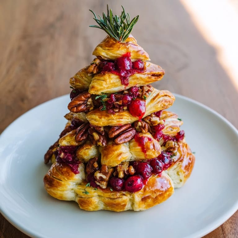 Festive Brie en Croûte Pine Tree, elegantly wrapped and baked until golden, with optional honey drizzle.
