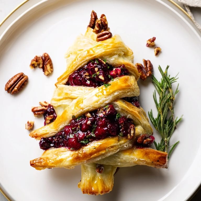 Melted Brie en Croûte Pine Tree, oozing cheese and delicious cranberry sauce, perfect for a cozy gathering.