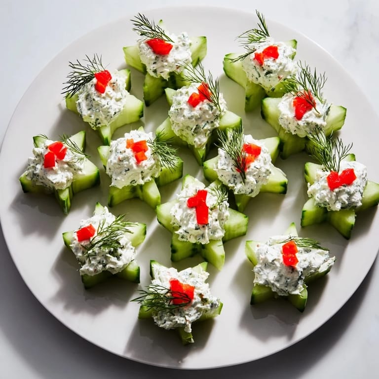 Delicate Cucumber and Dill Christmas Stars, arranged on a platter, ready to be enjoyed.