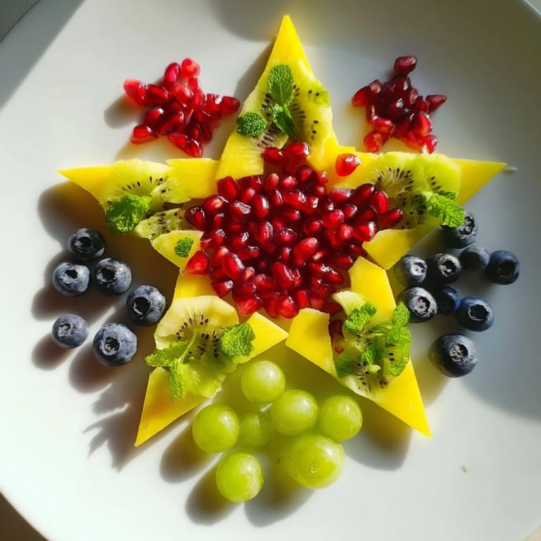 Vibrant colors of a pomegranate and mint star fruit platter, featuring a refreshing fruit medley arranged elegantly.
