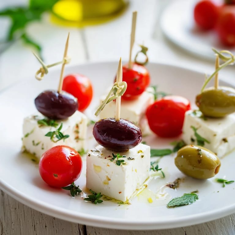 Bright red cherry tomatoes and olives alongside creamy feta comprise these delicious Holiday Cheers Olive and Feta Skewers.