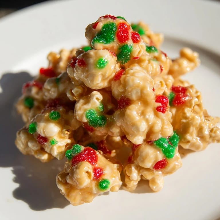 A close-up of gooey Popcorn Piles, the sugary coating catching the light with colorful sprinkles.