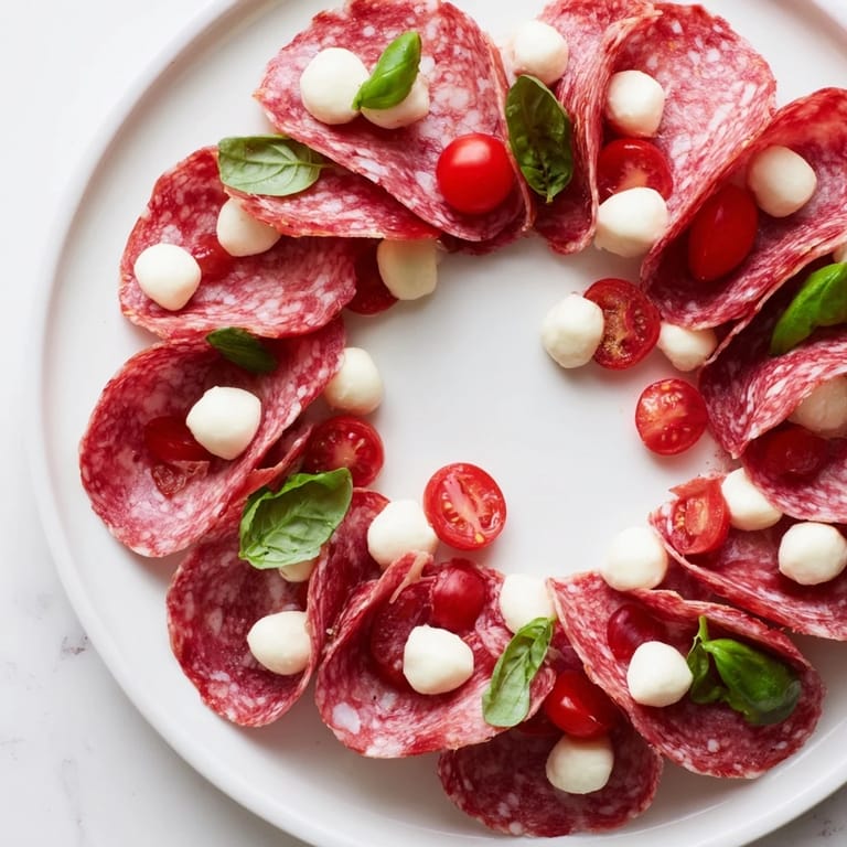 Artfully folded salami wreath showcasing a gluten-free appetizer, adorned with fresh basil leaves.