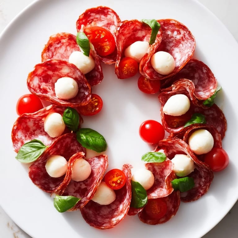 Close-up of a festive folded salami wreath, a delightful charcuterie board centerpiece, ready to serve.