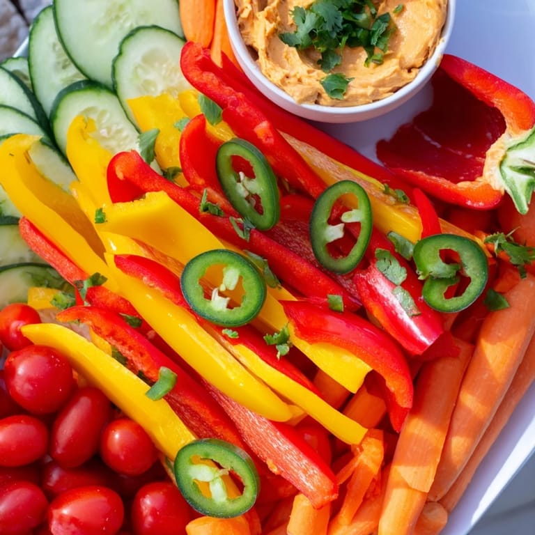 Close-up of a Spicy Chili Pepper Fiesta, showcasing fresh peppers alongside creamy guacamole and salsa.