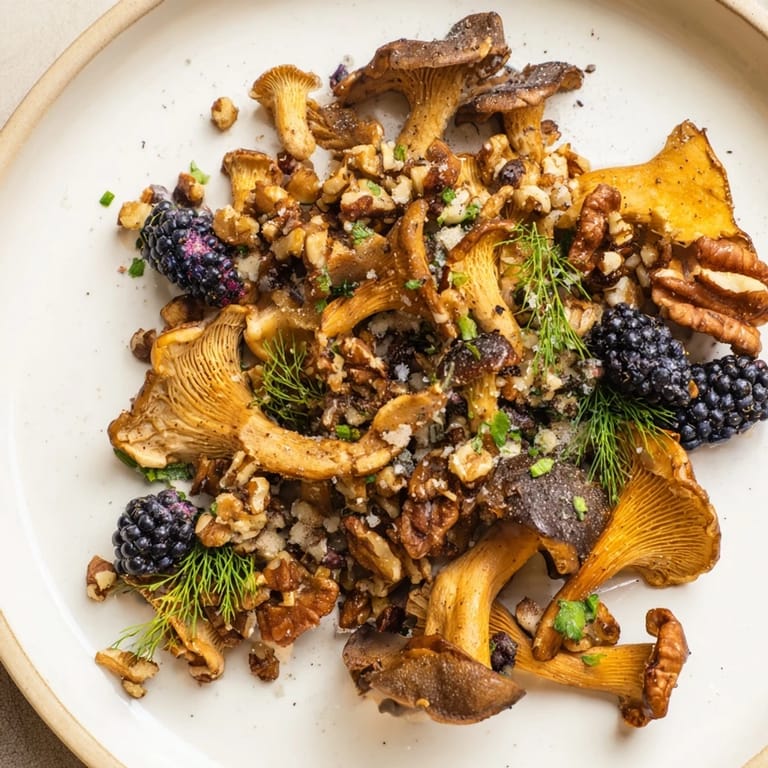 A close-up view of a Northwest Forest Forager salad, showcasing vibrant berries and glistening mushrooms.