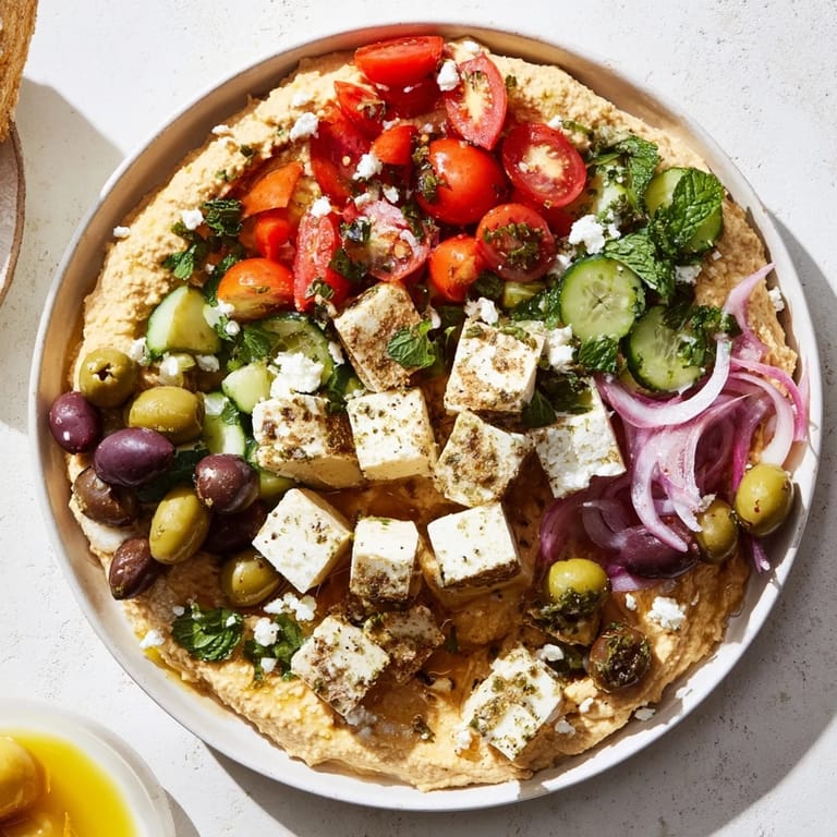 Vibrant Mediterranean Mezza Platter: a feast of dips, cheeses, olives, and warm pita bread.