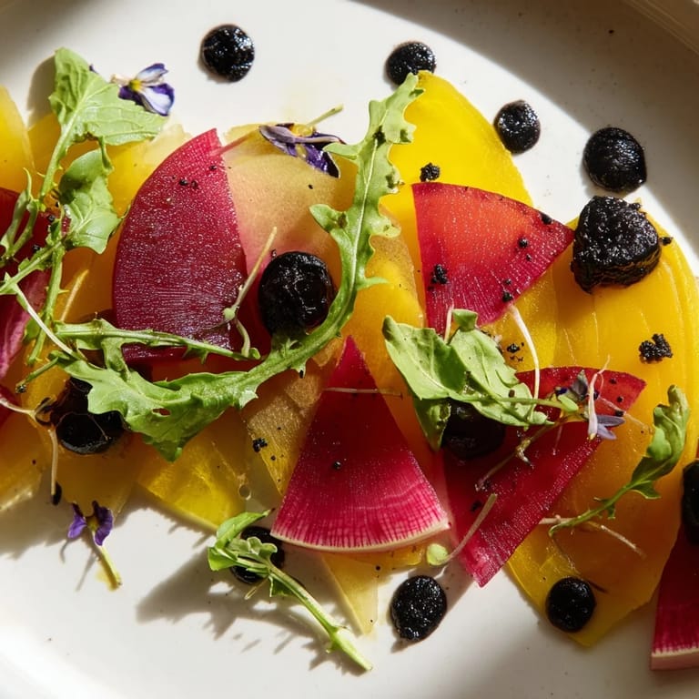 A dramatic view of The Shadow Play, a vegetarian appetizer with layered beets and black olives.
