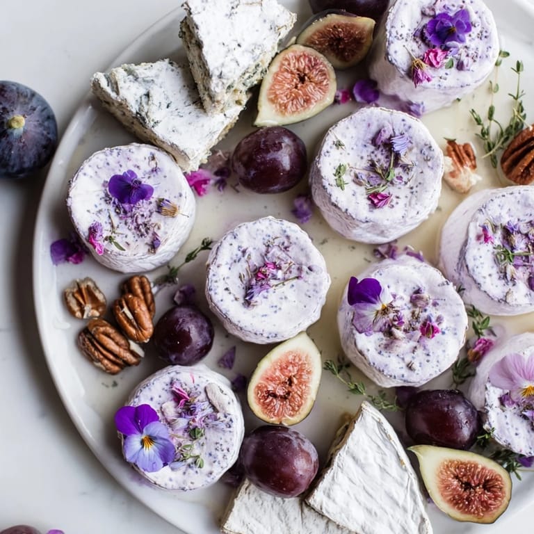 Elegant "Lavender Haze" appetizer showcasing purple grapes, figs, and lavender-infused goat cheese.