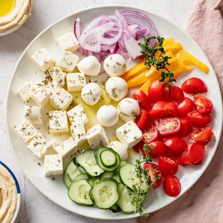 Golden-hued Sun-Drenched Patio mezze arrangement: enjoy the fresh flavors with a delicious Mediterranean inspired platter.