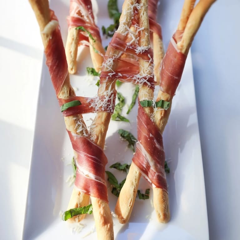 See this Golden Gate appetizer: breadstick towers connected by elegant prosciutto, perfect for a happy gathering.