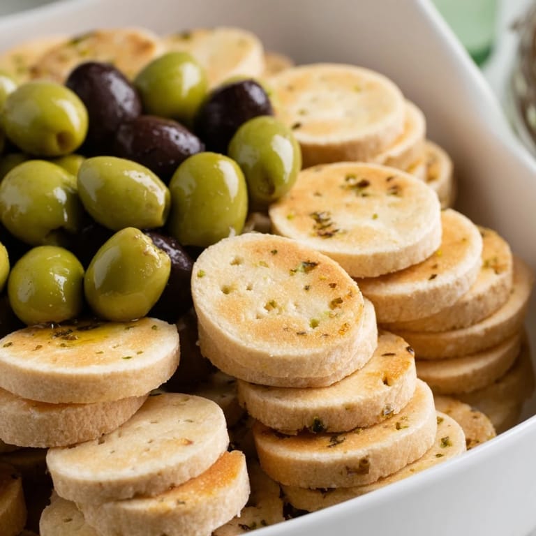 A delicious Roman Colosseum Snack Platter shows crackers encircling olives for an Italian-inspired appetizer.