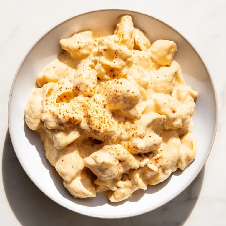 This delicious photo depicts a warm serving of Tini's Recession Mac, a creamy, affordable classic comfort food.