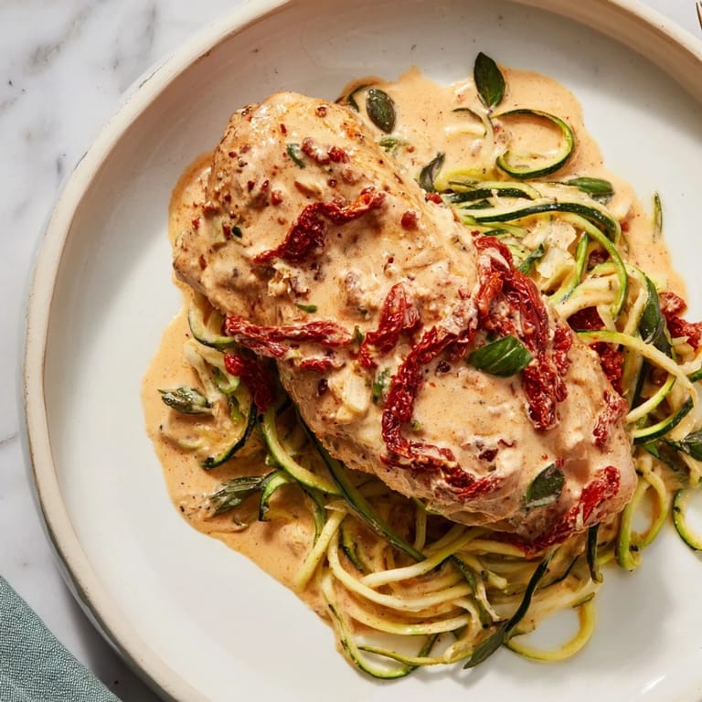 A close-up of delicious Marry Me Chicken Zoodles; tender chicken and zucchini noodles bathed in rich tomato sauce.