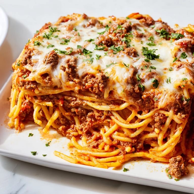 Warm, inviting picture of Tinis Baked Spaghetti, a comforting blend of pasta, cheese, and ground beef.