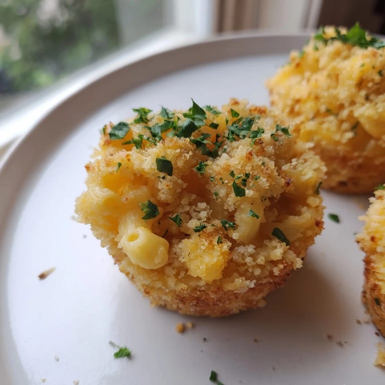 Perfectly browned Tinis Mac and Cheese muffins, a kid-friendly snack featuring cheesy macaroni with a crunchy topping.