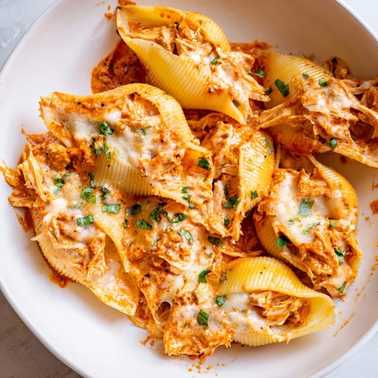 A close-up of pasta shells, filled with flavorful chicken, coated in rich Marry Me sauce.