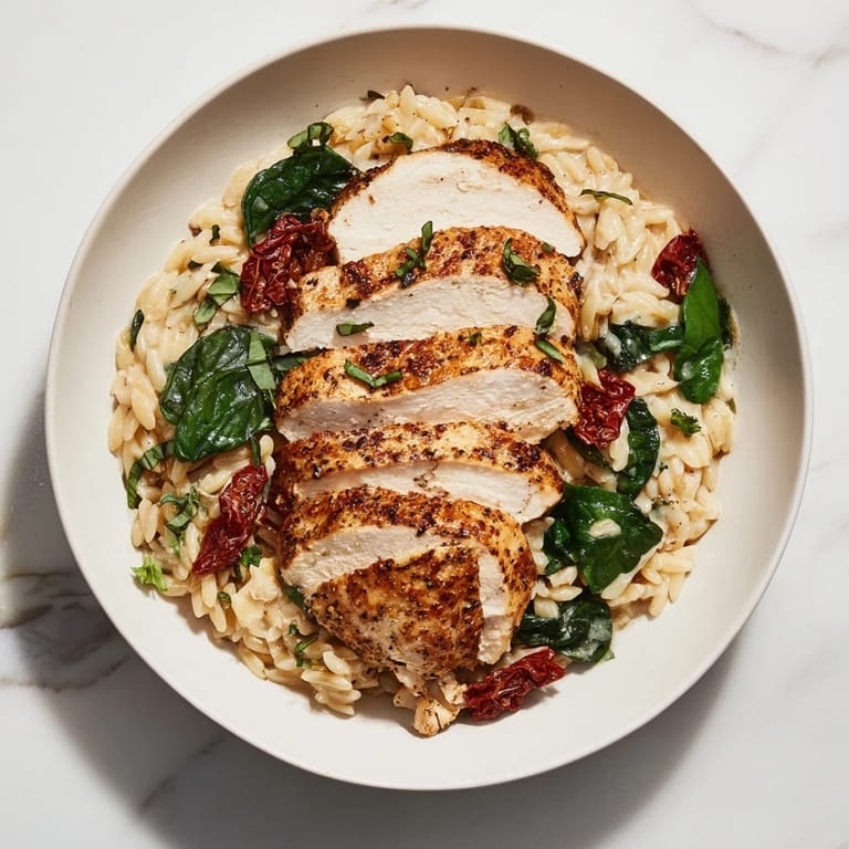 Imagine a close-up of the delicious Marry Me Chicken Orzo, garnished with fresh basil and cheese.