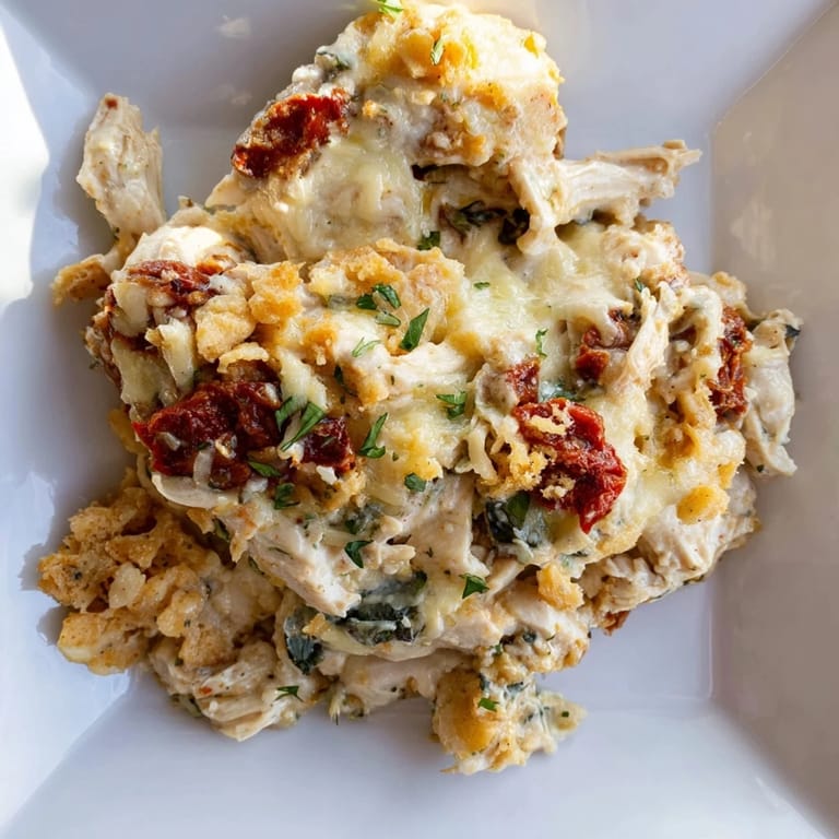 This comforting Marry Me Chicken Casserole shows juicy chicken and sun-dried tomatoes nestled in a rich, creamy sauce.