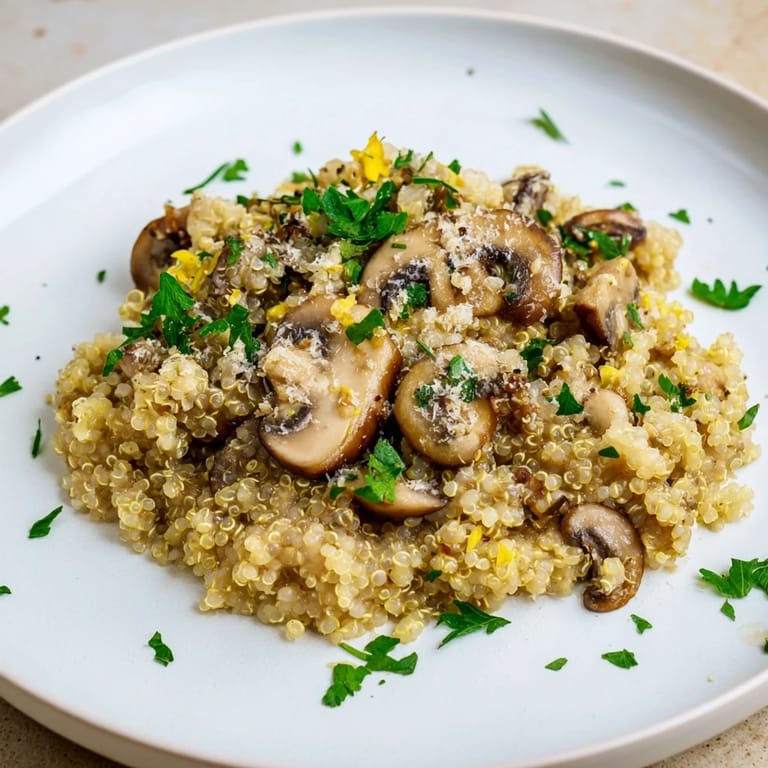Tender quinoa and mushrooms combine in this comforting Mushroom Quinoa Risotto, a gluten-free main course.