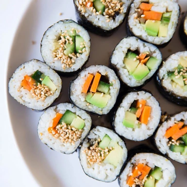 Close-up of freshly made avocado cucumber sushi, showcasing the creamy avocado and colorful fillings.