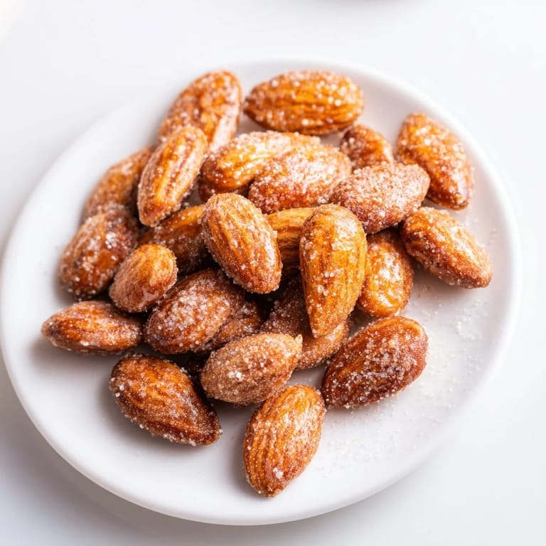 Sweet, perfectly spiced cinnamon roasted almonds, glistening with sugar, ready to cool on a tray.