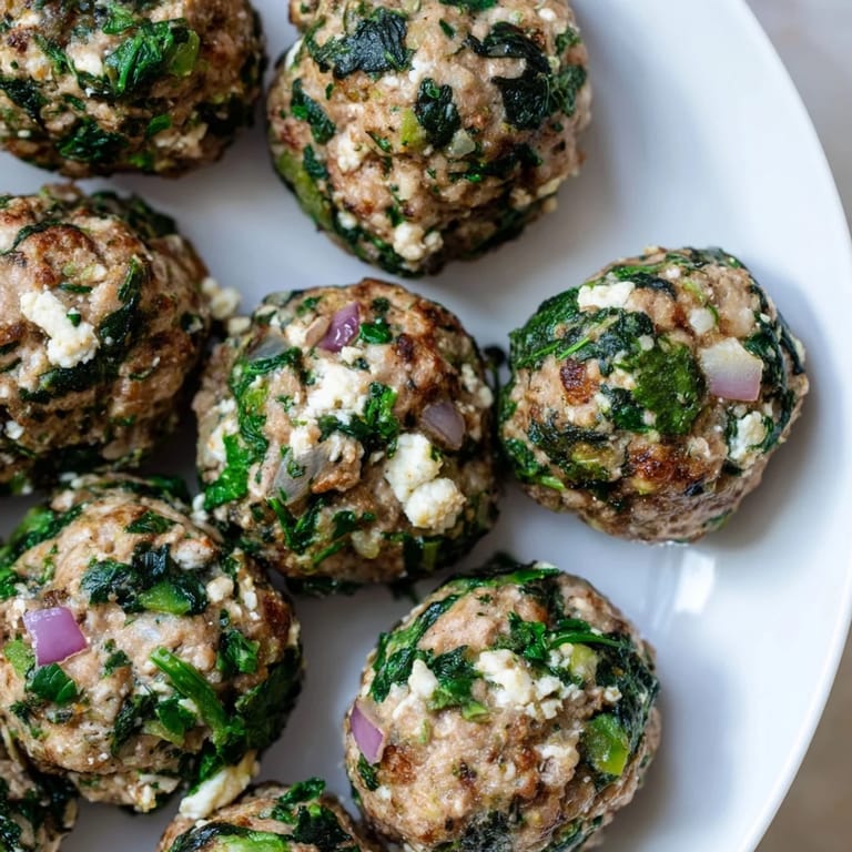 Close-up of baked spinach feta turkey meatballs, showing the texture and flavorful ingredients, ideal for serving.