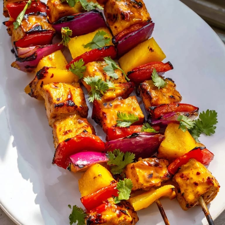 Close-up of golden Mango Lime Chicken Skewers, a vibrant marinade and tender chicken are the stars.