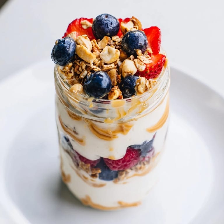 Indulge in this layered, refreshing Cashew Butter Yogurt Parfait, offering textures and flavors for breakfast.