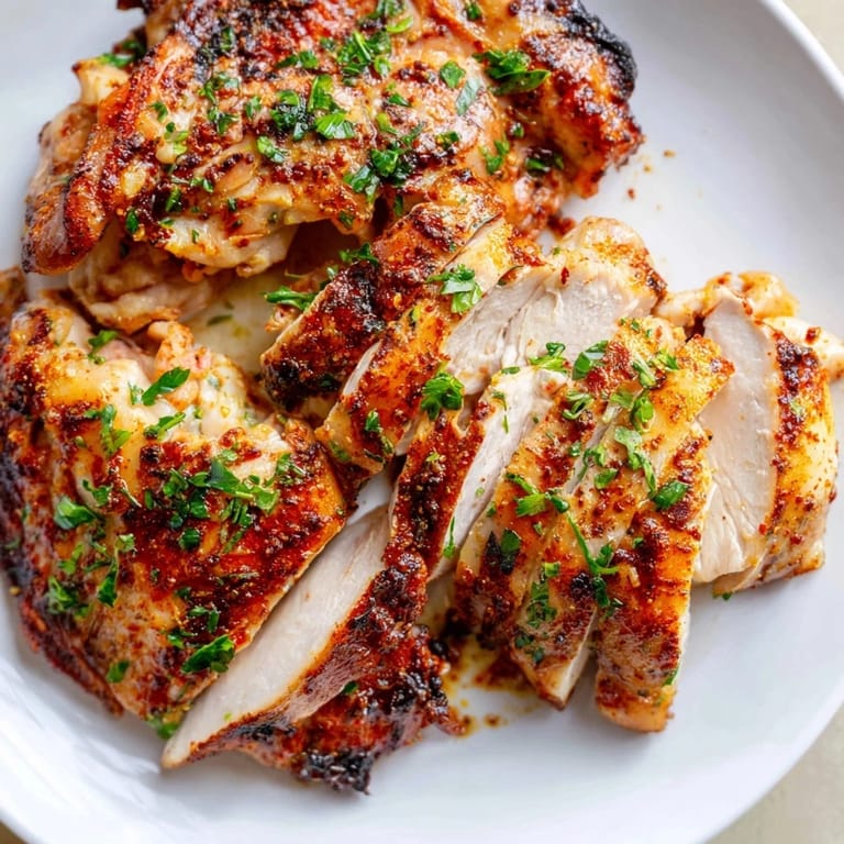 Tender, flavorful Greek Yogurt Chicken with vibrant parsley garnish and lemon for serving.