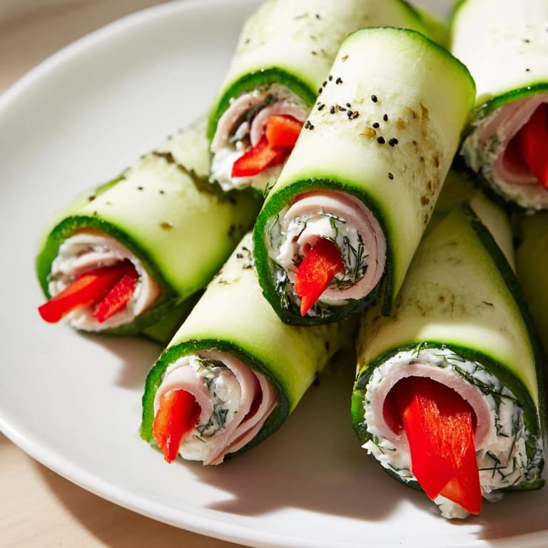Bright, colorful Cucumber Roll-Ups: a refreshing low-carb snack ready in just fifteen minutes.