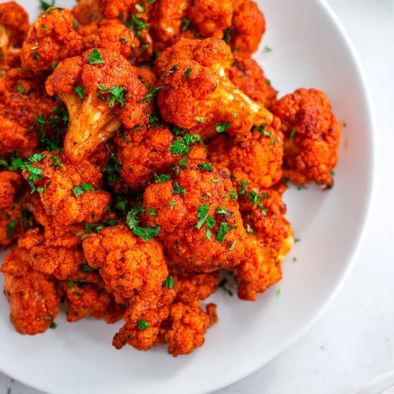 Close-up of baked Buffalo Cauliflower Bites, coated in fiery sauce, a perfect vegan appetizer.