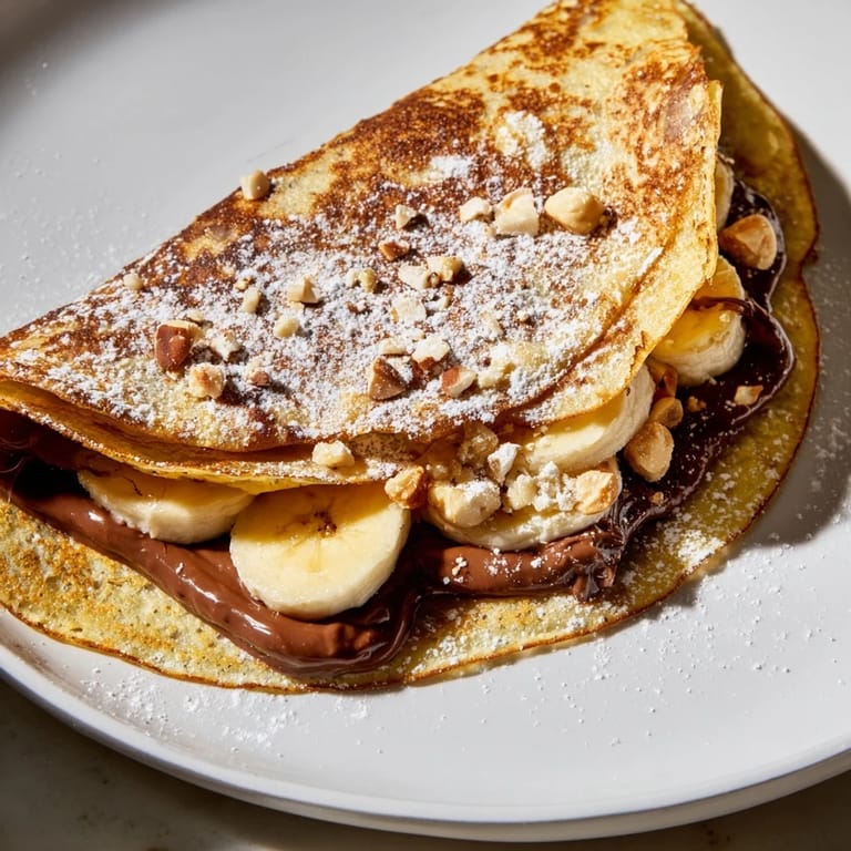 Close-up of a perfectly folded Banana Nutella Wrap, ready to eat with a dusting of powdered sugar.