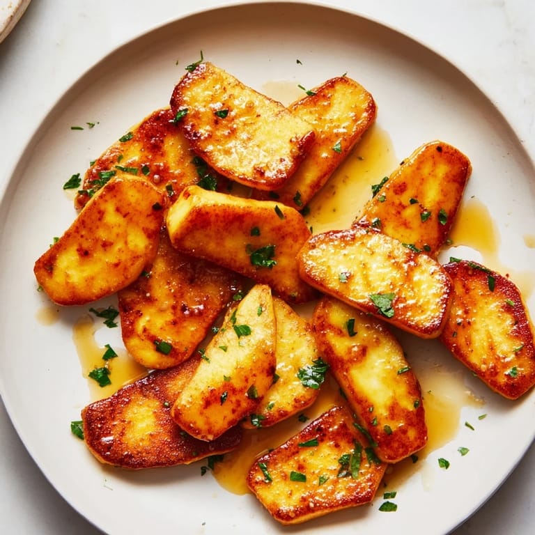 Close-up of bubbling Hot Honey Halloumi, showcasing the glistening honey coating the fried cheese.