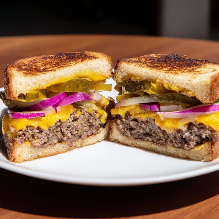 A close-up of a perfectly grilled Smashed Burger Grilled Cheese loaded with toppings and melted cheese.