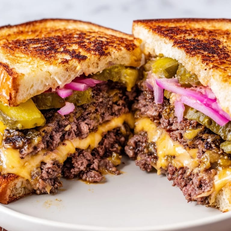 This sizzling Smashed Burger Grilled Cheese features a juicy beef patty and gooey cheese between buttery bread.