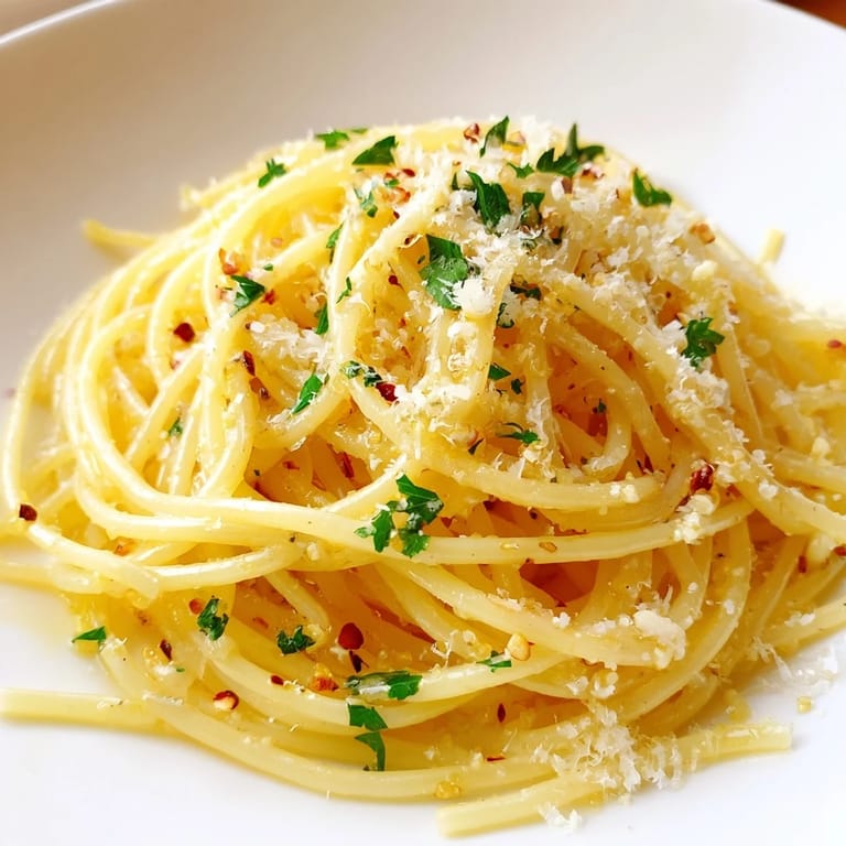 Quick and easy Aglio e Olio Express Pasta featuring bright green parsley and chili flakes.